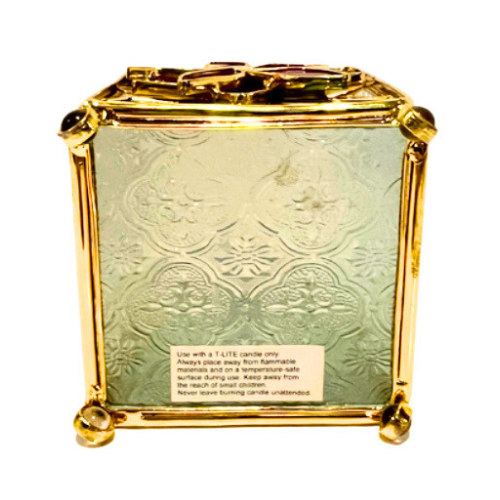 Vintage Stained Leaded Glass Gold Tone Poinsettia Christmas Candleholder Lantern Holiday Decor