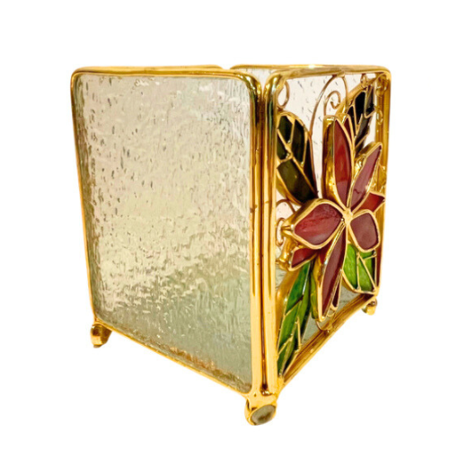Vintage Stained Leaded Glass Gold Tone Poinsettia Christmas Candleholder Lantern Holiday Decor