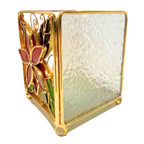 Vintage Stained Leaded Glass Gold Tone Poinsettia Christmas Candleholder Lantern Holiday Decor