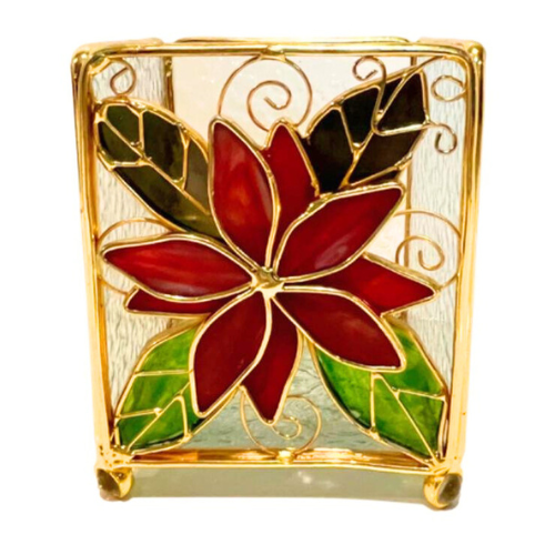 Vintage Stained Leaded Glass Gold Tone Poinsettia Christmas Candleholder Lantern Holiday Decor