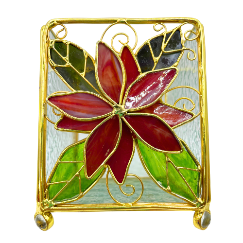 Vintage Stained Leaded Glass Gold Tone Poinsettia Christmas Candleholder Lantern Holiday Decor