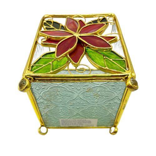 Vintage Stained Leaded Glass Gold Tone Poinsettia Christmas Candleholder Lantern Holiday Decor