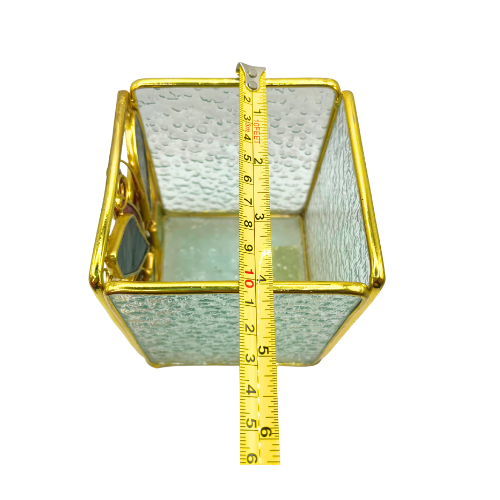 Vintage Stained Leaded Glass Gold Tone Poinsettia Christmas Candleholder Lantern Holiday Decor