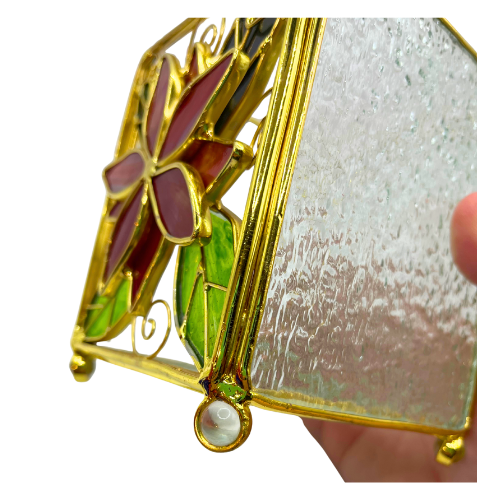 Vintage Stained Leaded Glass Gold Tone Poinsettia Christmas Candleholder Lantern Holiday Decor