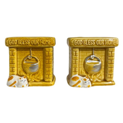 Vtg "God Bless Our Home" Resting Cat by Fireplace Salt and Pepper Shakers