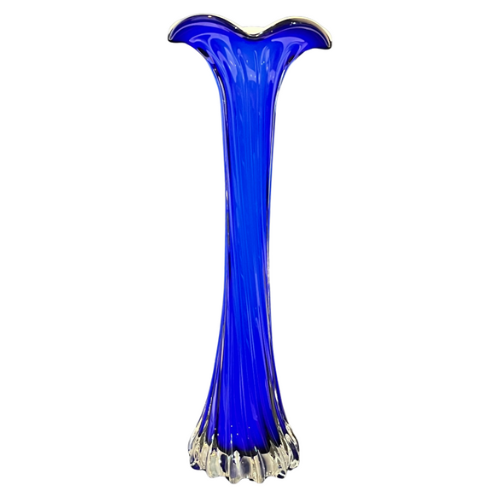 12" Cobalt Blue Cased Swirled Stretch Ribbed Art Deco Glass Vase