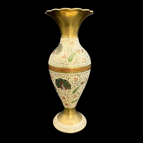 Brass Painted Enamel Peacock Floral Multicolor Decorative Vintage Vase