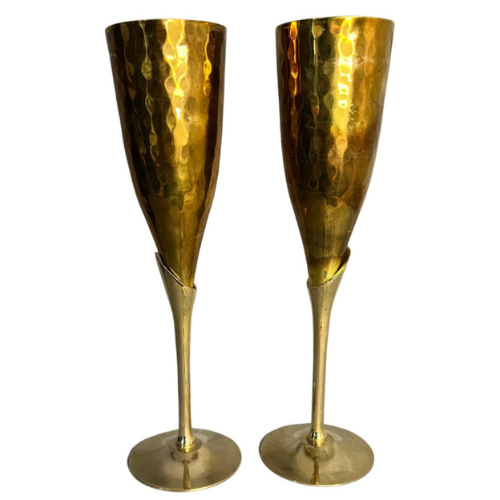 Pair of Vintage Hammered Brass Champagne Stemware Glasses
