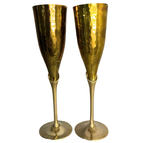 Pair of Vintage Hammered Brass Champagne Stemware Glasses