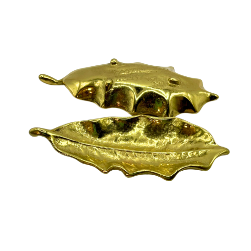 MCM Virginia Metalcrafters Small Brass Holly Leaf Decorative Dishes 1940s Christmas Winter Decor