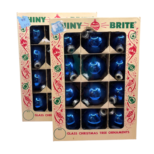 MCM Shiny Brite Christmas Small Blue Glass Ornaments 2 Dozen Vintage 1950s in Original Boxes