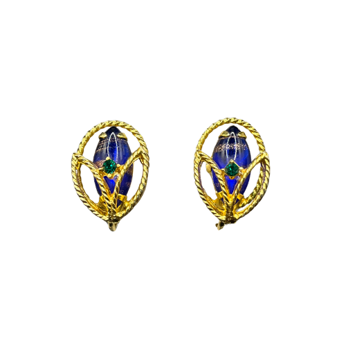 * Beautiful Cobalt Blue Glass with Gold Adventuring Gold Ton Clip On Vtg Earrings