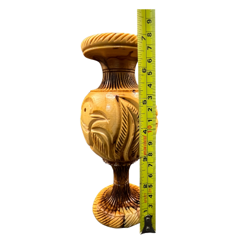 Vintage 7" Olive Wood Handcrafted Tapered Candle Stick Holder with Birds and Palm Leaves