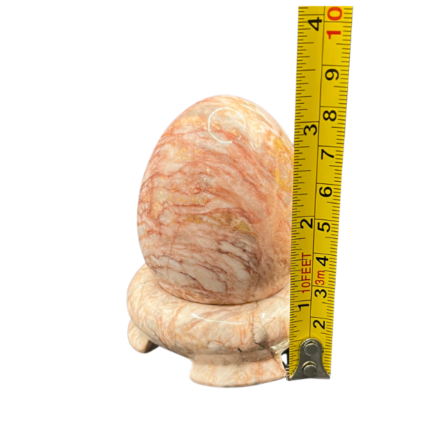 Natural Marble Egg Pink Beige Swirl with Carved Display Stand - Polished Stone Decor