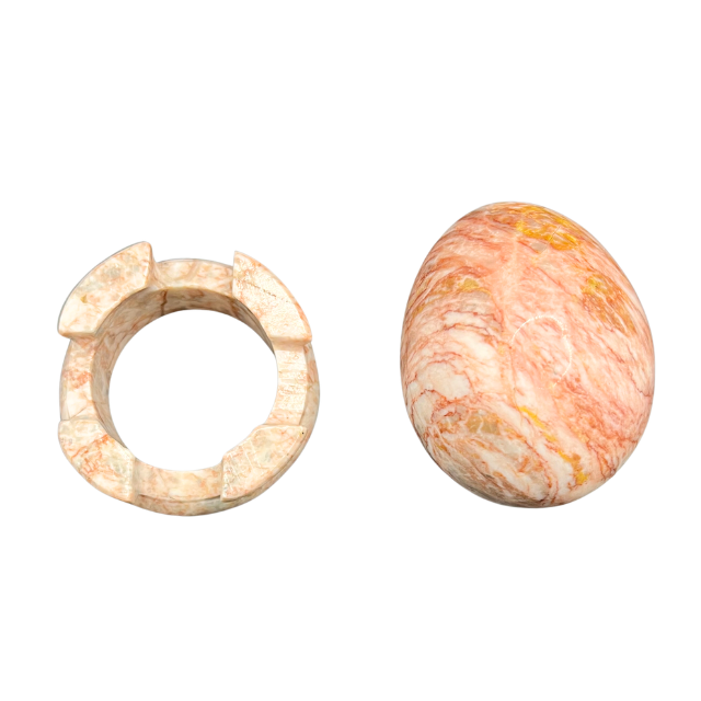 Natural Marble Egg Pink Beige Swirl with Carved Display Stand - Polished Stone Decor