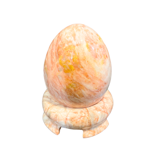 Natural Marble Egg Pink Beige Swirl with Carved Display Stand - Polished Stone Decor