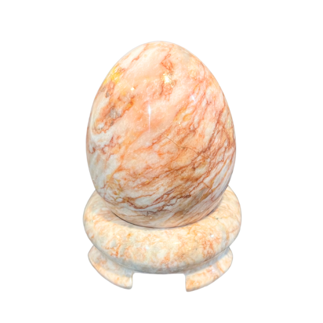 Natural Marble Egg Pink Beige Swirl with Carved Display Stand - Polished Stone Decor