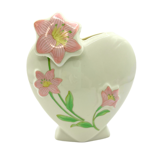 Vintage Heart Shaped Porcelain Vase with Lilly Flower Accents