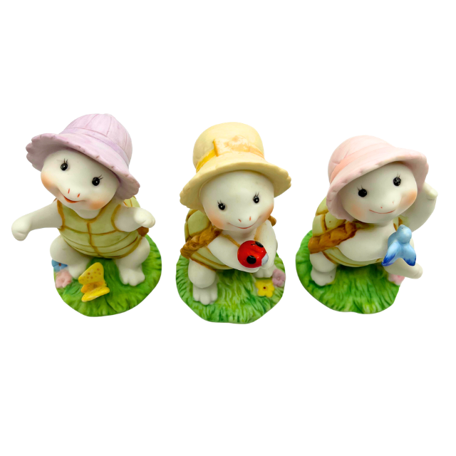 Vintage Homco Ceramic Turtle Trio - 3-Piece Set with Pastel Sun Bonnets Home Interiors Decor
