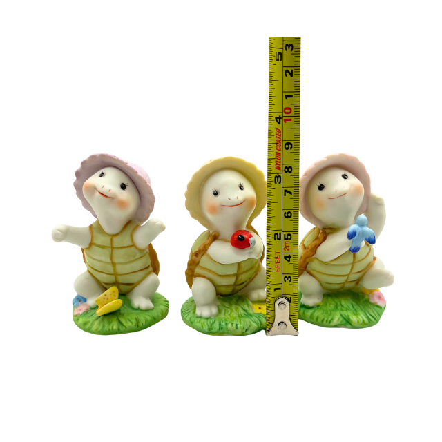 Vintage Homco Ceramic Turtle Trio - 3-Piece Set with Pastel Sun Bonnets Home Interiors Decor