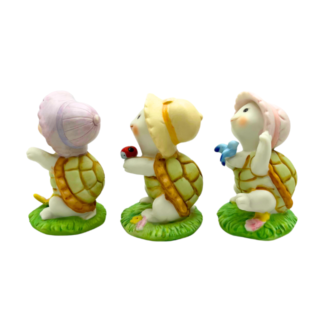 Vintage Homco Ceramic Turtle Trio - 3-Piece Set with Pastel Sun Bonnets Home Interiors Decor