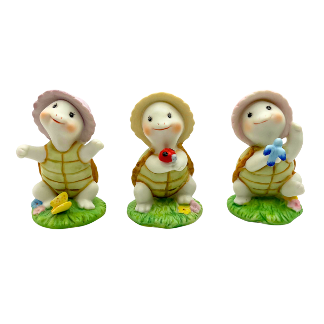 Vintage Homco Ceramic Turtle Trio - 3-Piece Set with Pastel Sun Bonnets Home Interiors Decor