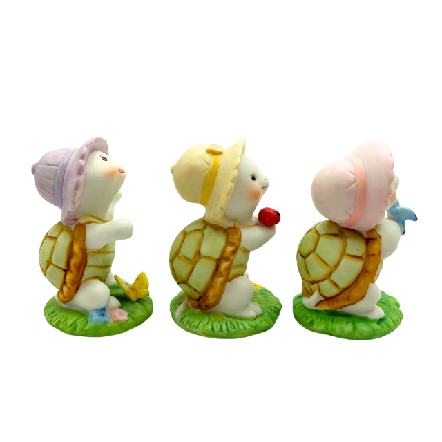 Vintage Homco Ceramic Turtle Trio - 3-Piece Set with Pastel Sun Bonnets Home Interiors Decor