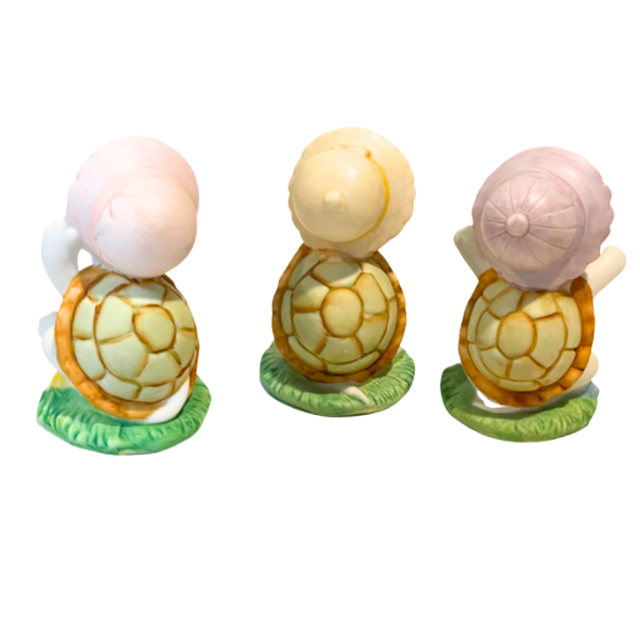 Vintage Homco Ceramic Turtle Trio - 3-Piece Set with Pastel Sun Bonnets Home Interiors Decor