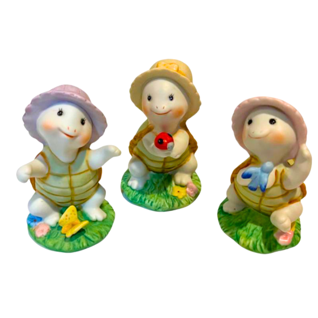 Vintage Homco Ceramic Turtle Trio - 3-Piece Set with Pastel Sun Bonnets Home Interiors Decor