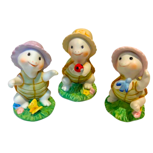 Vintage Homco Ceramic Turtle Trio - 3-Piece Set with Pastel Sun Bonnets Home Interiors Decor