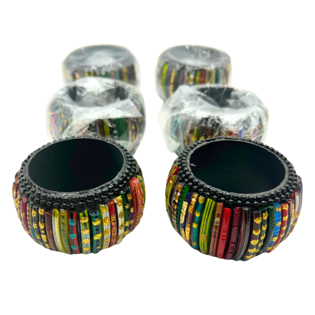 Rahab’s Rope Indian Glass Napkin Rings Handcrafted Multi Color Set of Six - New