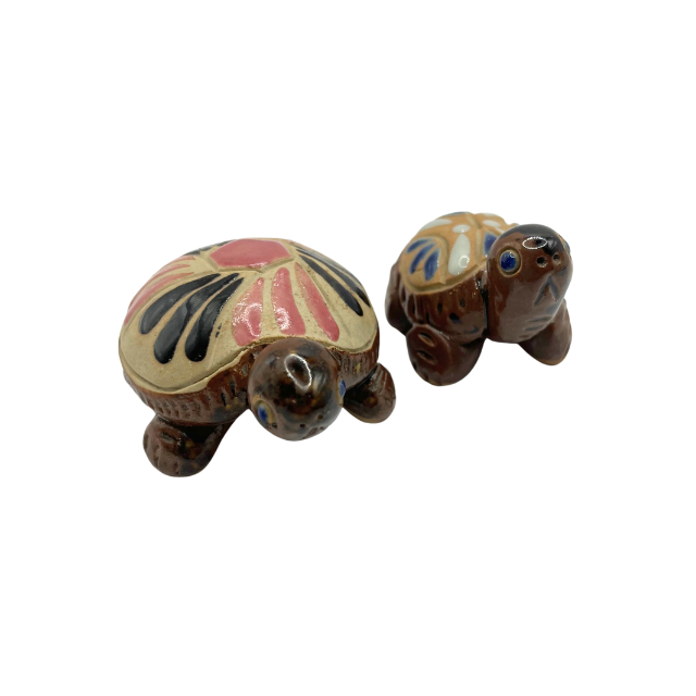 Vintage Miniature Mother & Baby Turtle Figurines Hand-Painted Clay Folk Art Terracotta Decor