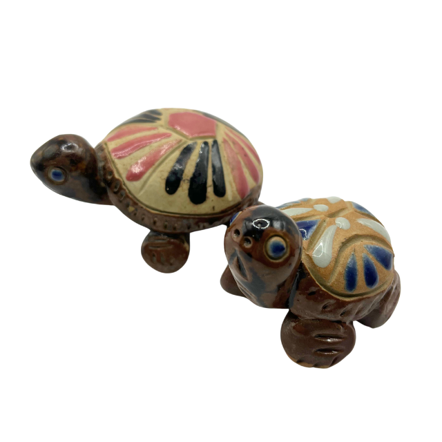 Vintage Miniature Mother & Baby Turtle Figurines Hand-Painted Clay Folk Art Terracotta Decor
