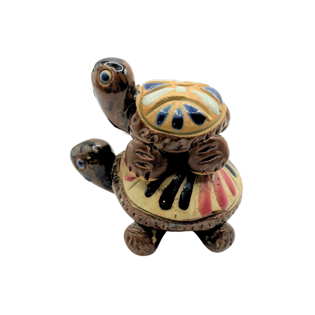 Vintage Miniature Mother & Baby Turtle Figurines Hand-Painted Clay Folk Art Terracotta Decor