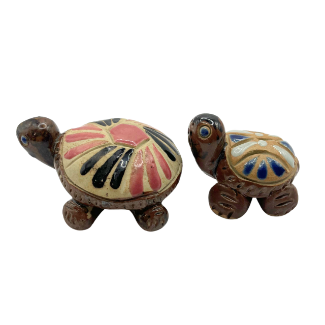 Vintage Miniature Mother & Baby Turtle Figurines Hand-Painted Clay Folk Art Terracotta Decor