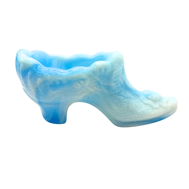 Vintage Kanawha Slag Swirl Blue & White Glass Shoe Figurine