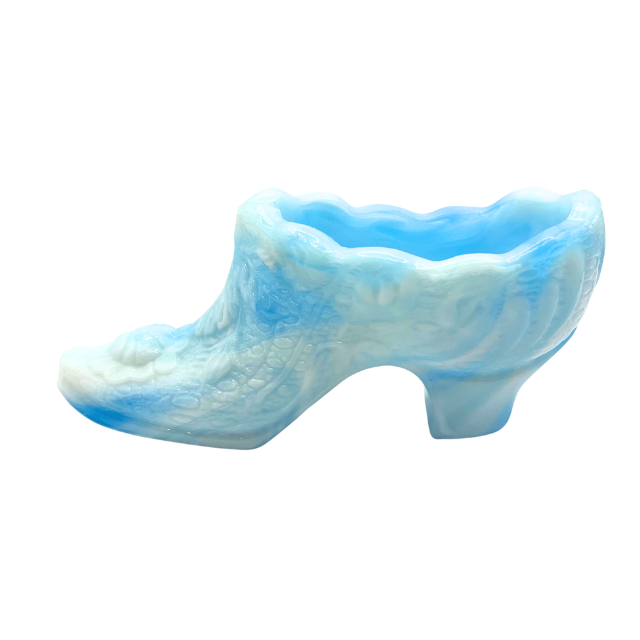 Vintage Kanawha Slag Swirl Blue & White Glass Shoe Figurine