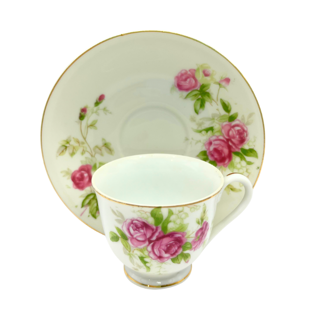 Vintage Norcrest Fine China Mini Tea Cup and Saucer French Rose Floral Motif