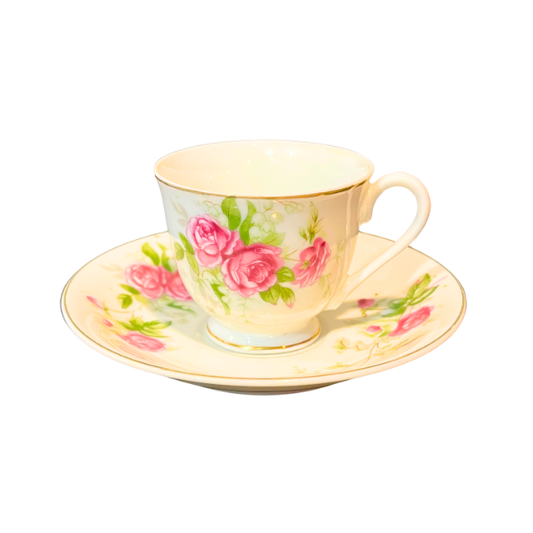 Vintage Norcrest Fine China Mini Tea Cup and Saucer French Rose Floral Motif