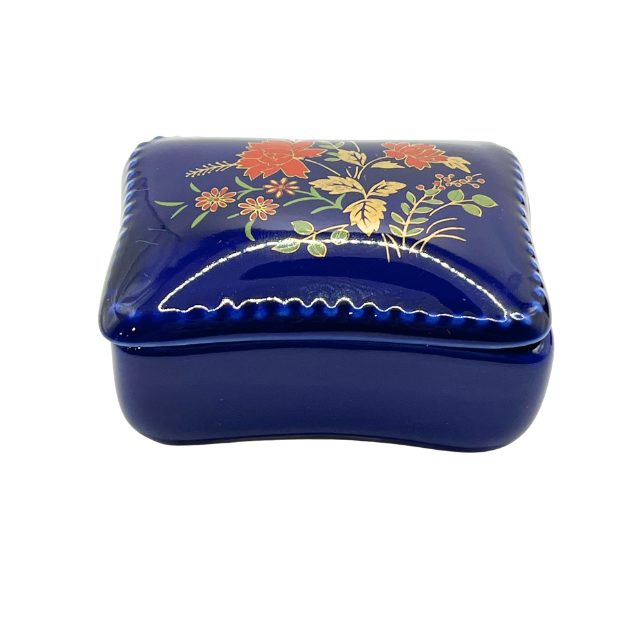 Vintage Rectangle Miniature Trinket Box Cobalt Blue Porcelain with Flowers