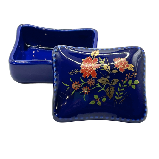 Vintage Rectangle Miniature Trinket Box Cobalt Blue Porcelain with Flowers