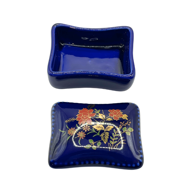 Vintage Rectangle Miniature Trinket Box Cobalt Blue Porcelain with Flowers