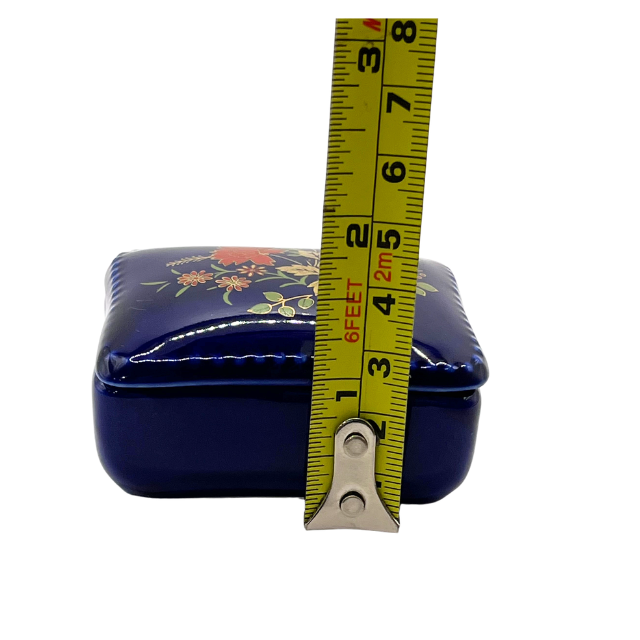 Vintage Rectangle Miniature Trinket Box Cobalt Blue Porcelain with Flowers