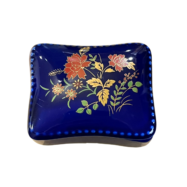 Vintage Rectangle Miniature Trinket Box Cobalt Blue Porcelain with Flowers