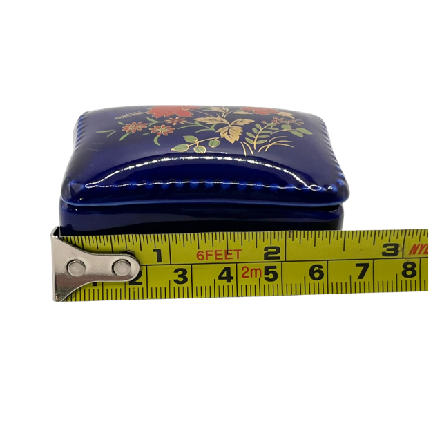 Vintage Rectangle Miniature Trinket Box Cobalt Blue Porcelain with Flowers