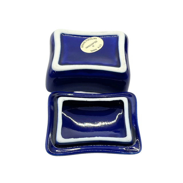 Vintage Rectangle Miniature Trinket Box Cobalt Blue Porcelain with Flowers