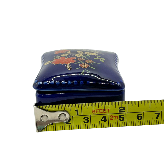 Vintage Rectangle Miniature Trinket Box Cobalt Blue Porcelain with Flowers