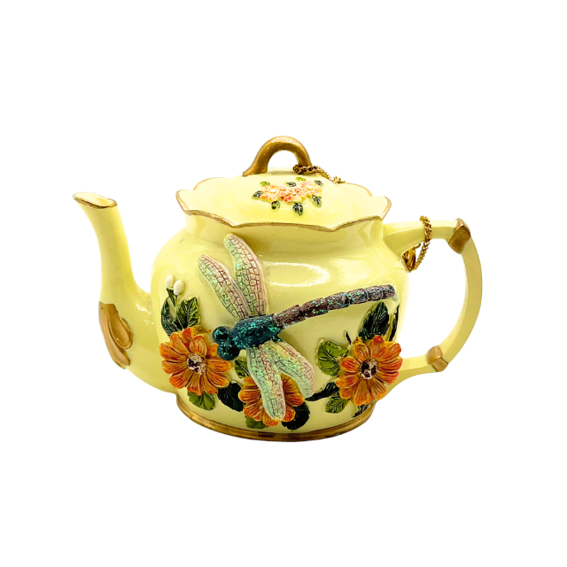 Vintage Nini~ Dragonfly Miniature Teapot – Hand-Painted 3D Floral Design Signed Saliba