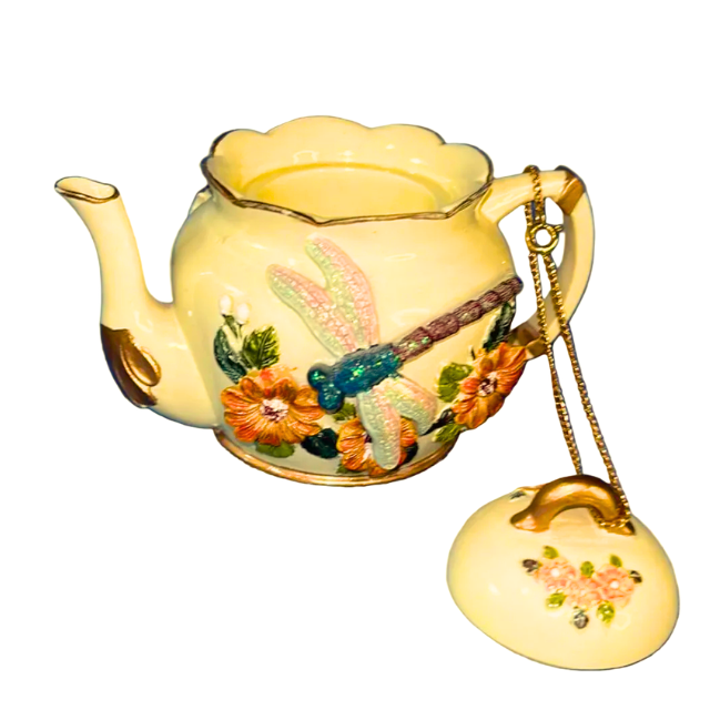 Vintage Nini~ Dragonfly Miniature Teapot – Hand-Painted 3D Floral Design Signed Saliba