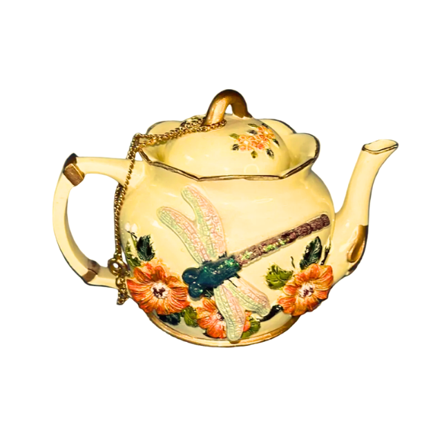 Vintage Nini~ Dragonfly Miniature Teapot – Hand-Painted 3D Floral Design Signed Saliba